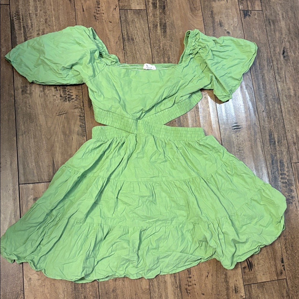 Vibrant Green Cutout Dress with Puff Sleeves